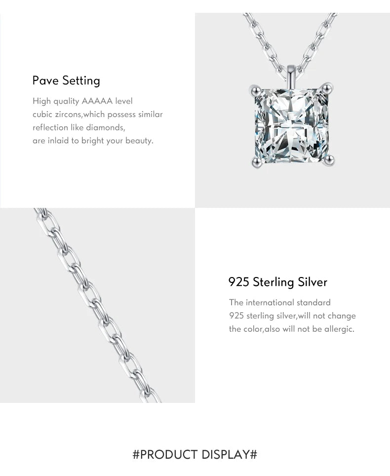 MODIAN 925 Sterling Silver Square Sparkling AAAAA CZ Pendant Necklace Platinum Plated Neck Chain for Wowen Weddng Fine Jewelry