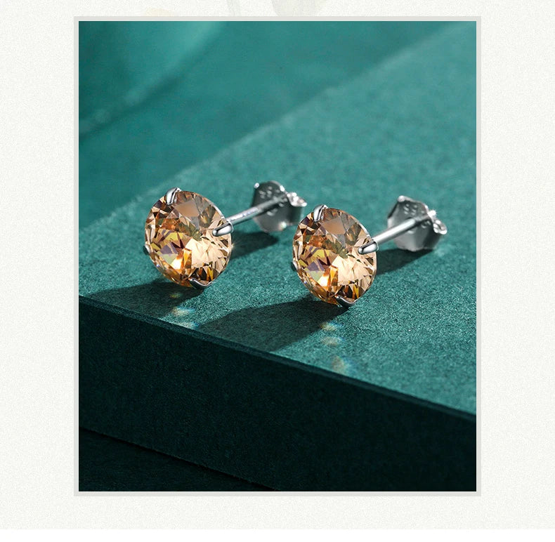Modian Champagne Zirconia Stud Earrings 925 Sterling Silver Round CZ Hypoallergenic 4MM 5MM 6MM 7MM Earrings For Women Jewelry