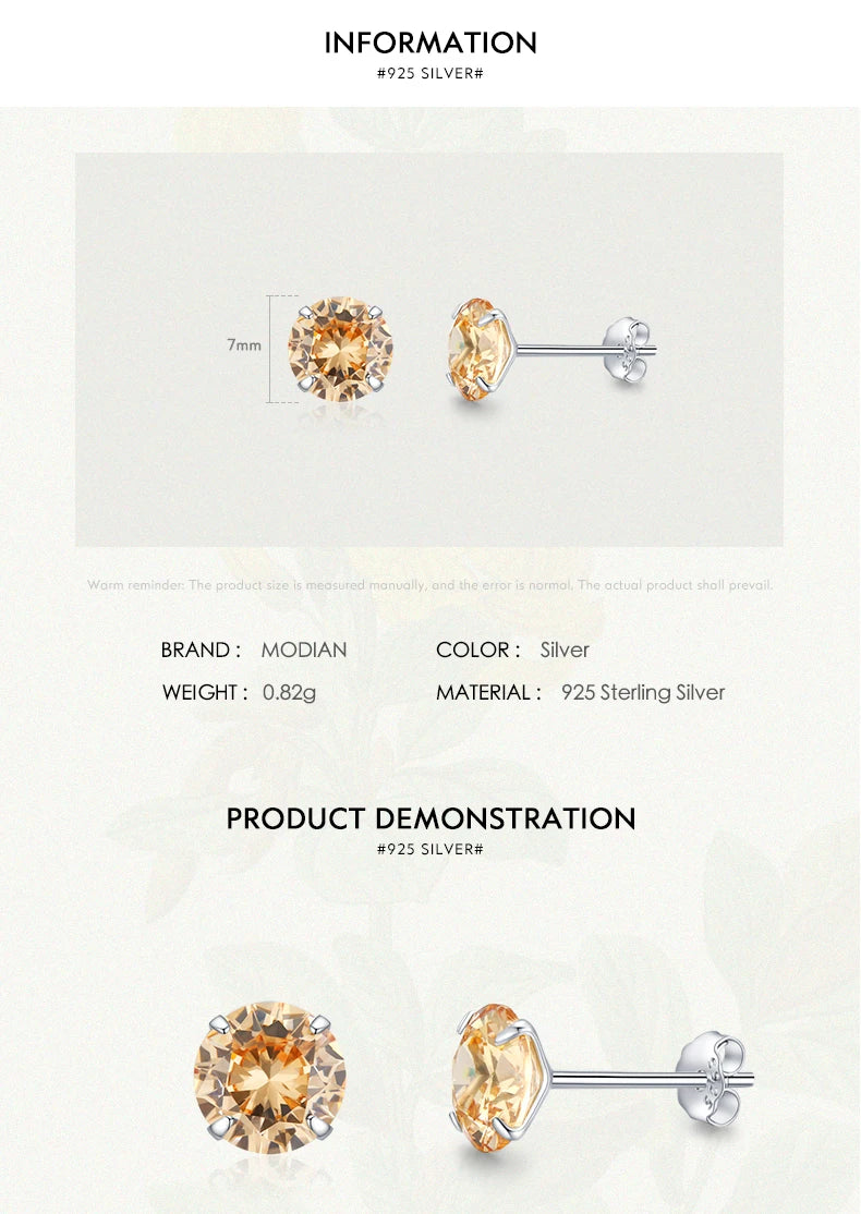 Modian Champagne Zirconia Stud Earrings 925 Sterling Silver Round CZ Hypoallergenic 4MM 5MM 6MM 7MM Earrings For Women Jewelry