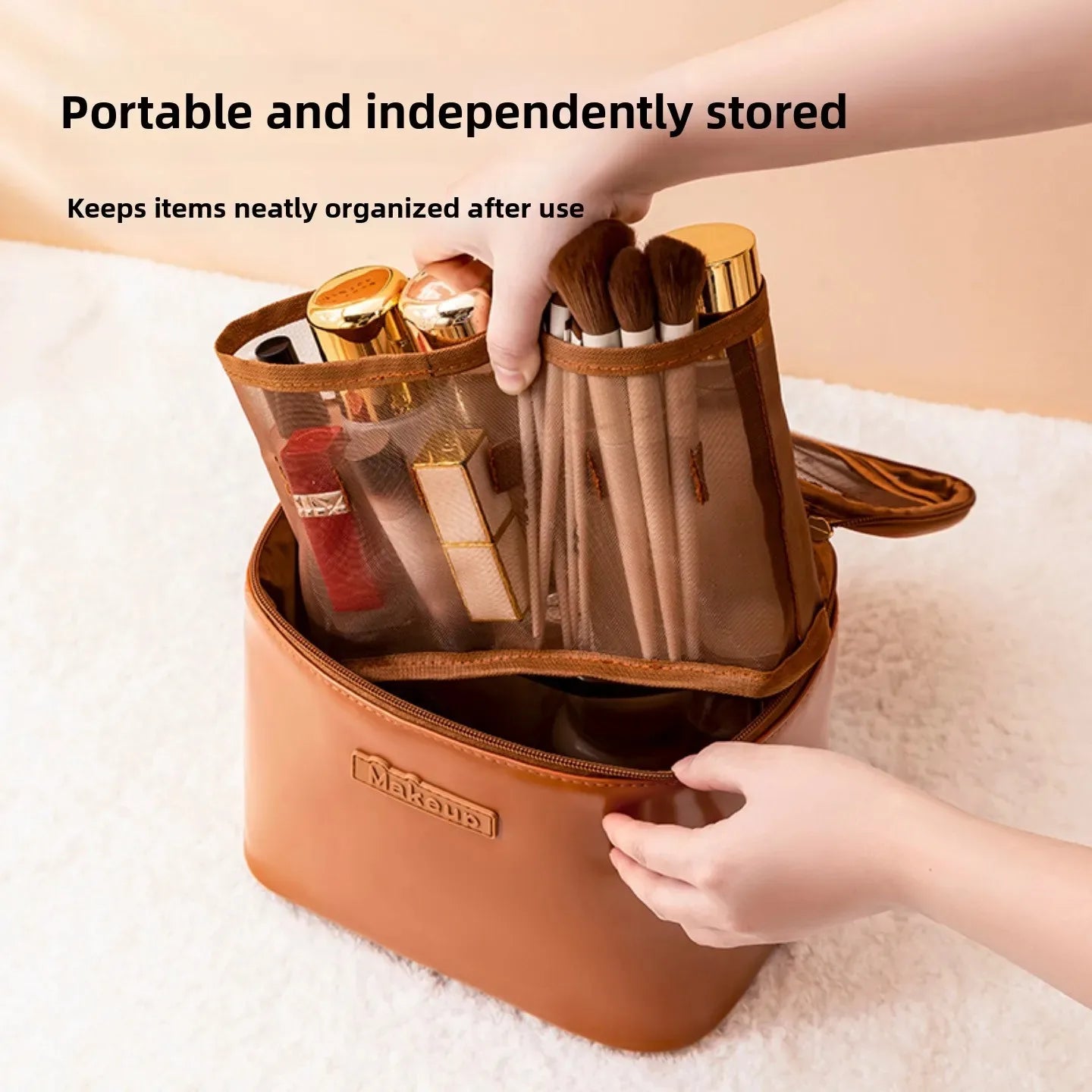 Large Capacity Waterproof Multifunctional Travel Cosmetic Bag Portable Makeup Storage Box PU Material Round Cylinder Shape