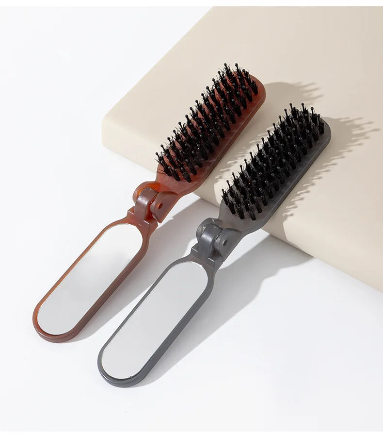 1Pc Boar Bristle Massage Hair Comb Anti Static with Makeup Mirror Folding Comb High Skull Integrated Styling Combs Supplies