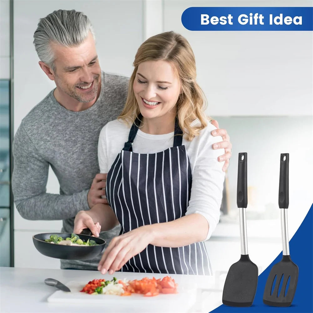 2 Pieces Silicone Spatula Kitchen Cooking Utensils Stainless Steel Tight Spatula Leaky Spatula Non-stick Cookware Kitchen Tools