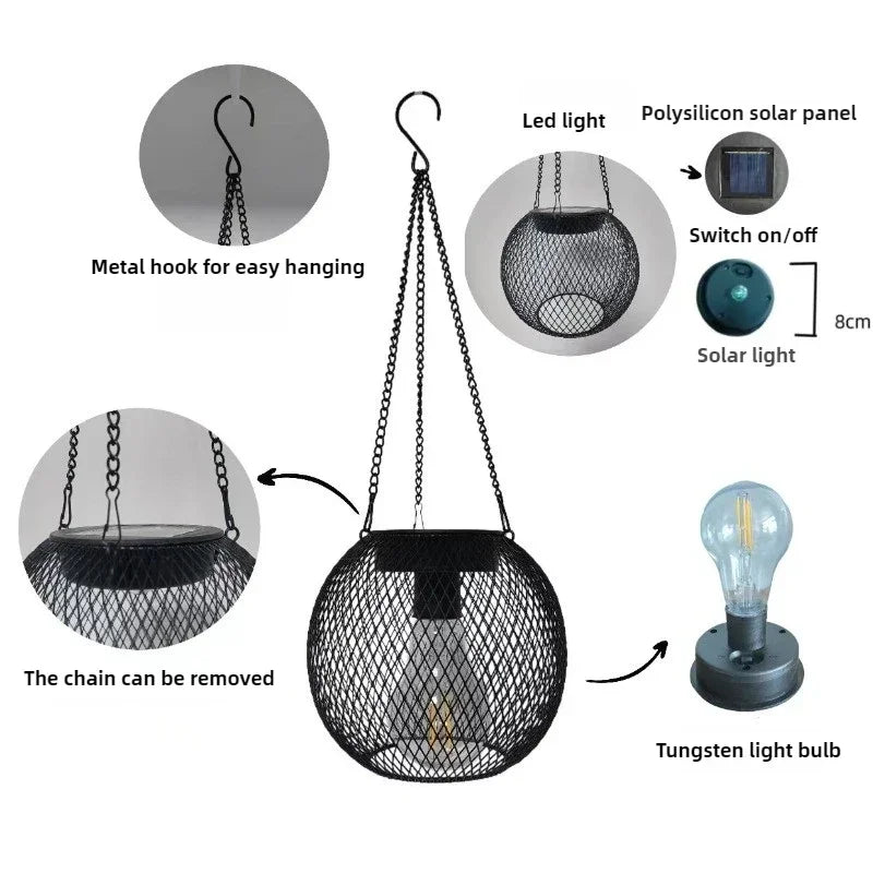 Solar Powered Thickened Wrought Iron Rustic Lattice Mesh Pendant Light Outdoor Garden Backyard Dimmable LED Hanging Decor Lamp