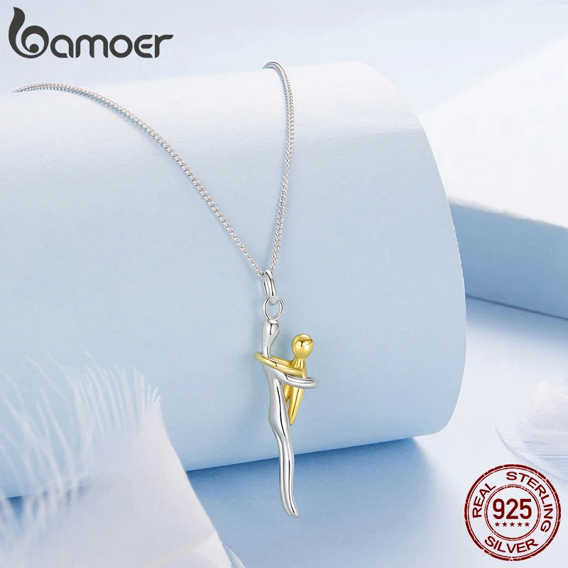 BAMOER 925 Sterling Silver Two-tones Hug Necklace, Detachable Mother and Child Pendant for Family Special DIY Love Jewelry