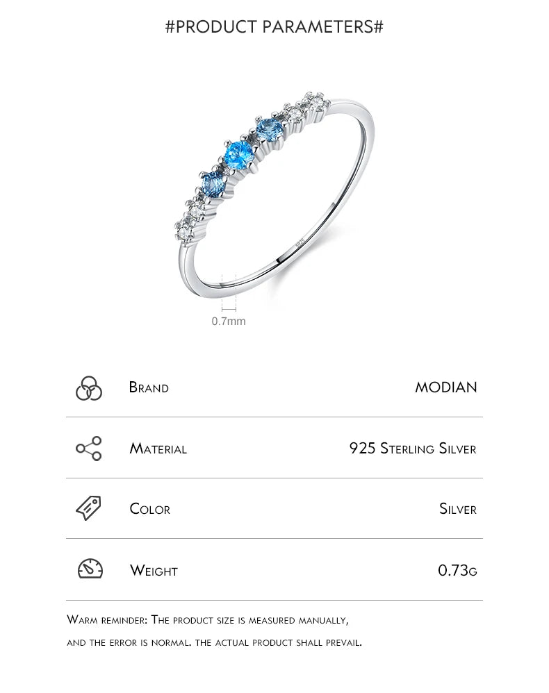 Modian 925 Sterling Silver Simple Stackable Fashion Thin Finger Ring Charm Blue Zirconia Rings For Women Wedding Fine Jewelry