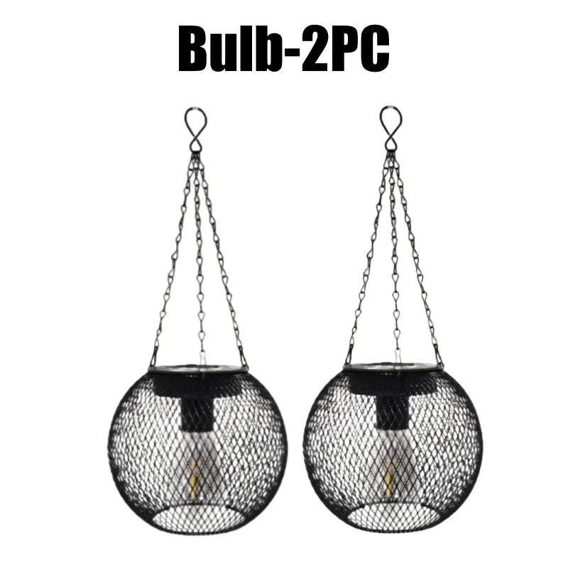 Solar Powered Thickened Wrought Iron Rustic Lattice Mesh Pendant Light Outdoor Garden Backyard Dimmable LED Hanging Decor Lamp