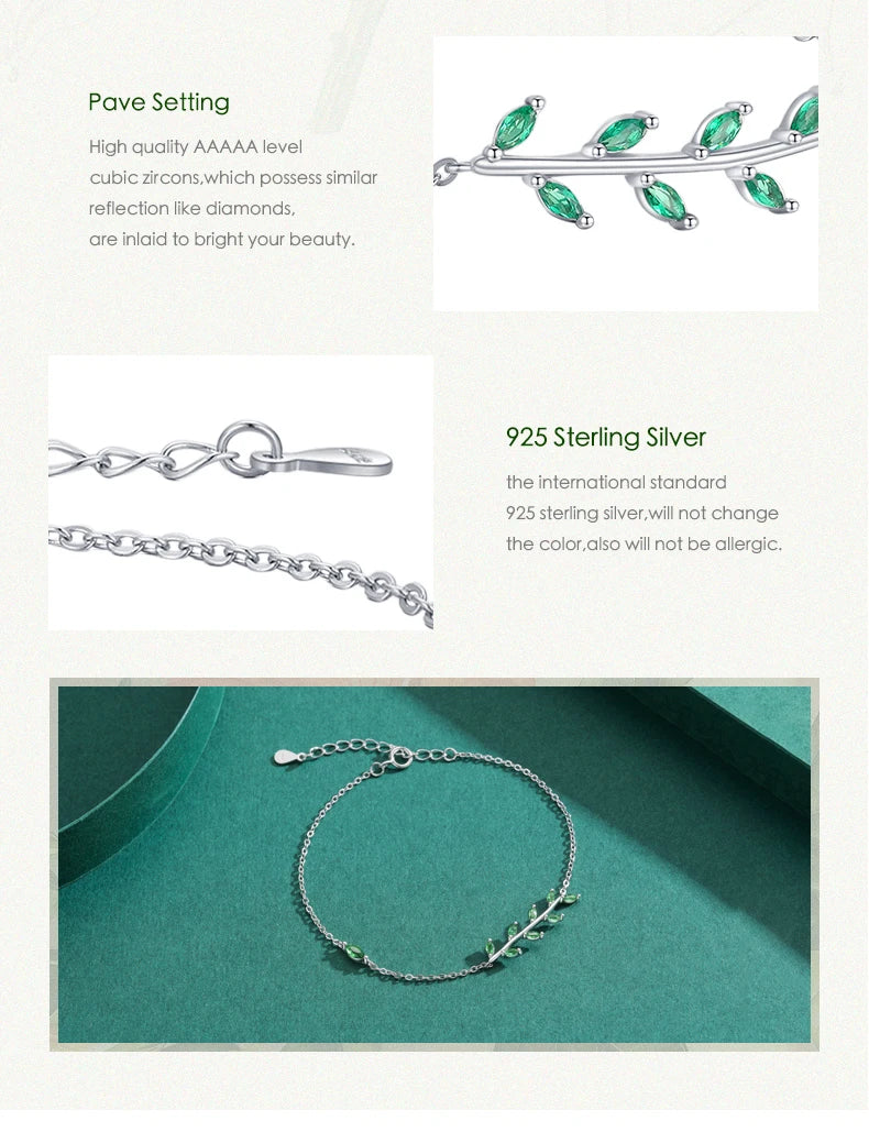 MODIAN 925 Sterling Silver Green Leaf Zirconia Adjustable Link Chain Bracelet For Women Fashion Wedding Jewelry Accessories