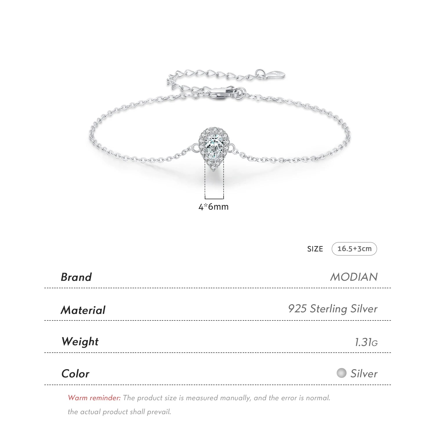MODIAN 925 Sterling Silver Water Drop Clear CZ Bracelet Pear Cut Link Chain Platinum Plated Bracelet For Women Wedding Jewelry