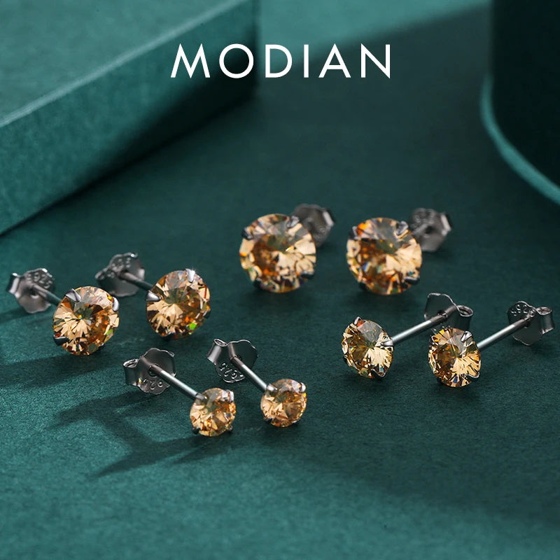 Modian Champagne Zirconia Stud Earrings 925 Sterling Silver Round CZ Hypoallergenic 4MM 5MM 6MM 7MM Earrings For Women Jewelry