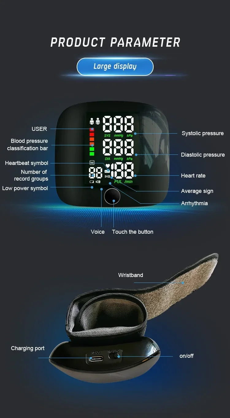 New Touch LED Rechargeable Blood Pressure Wrist Monitor