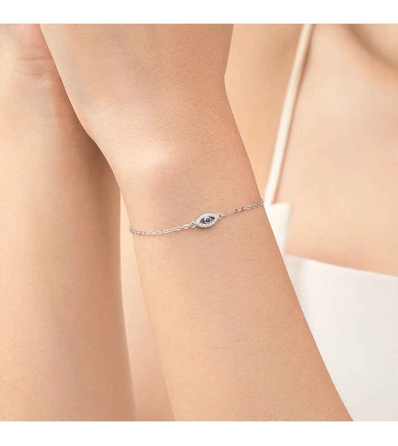 MODIAN 925 Sterling Silver Delicate Lucky Blue Eye Adjustable Bracelet Simple Chain Link For Women Pave Setting CZ Fine Jewelry