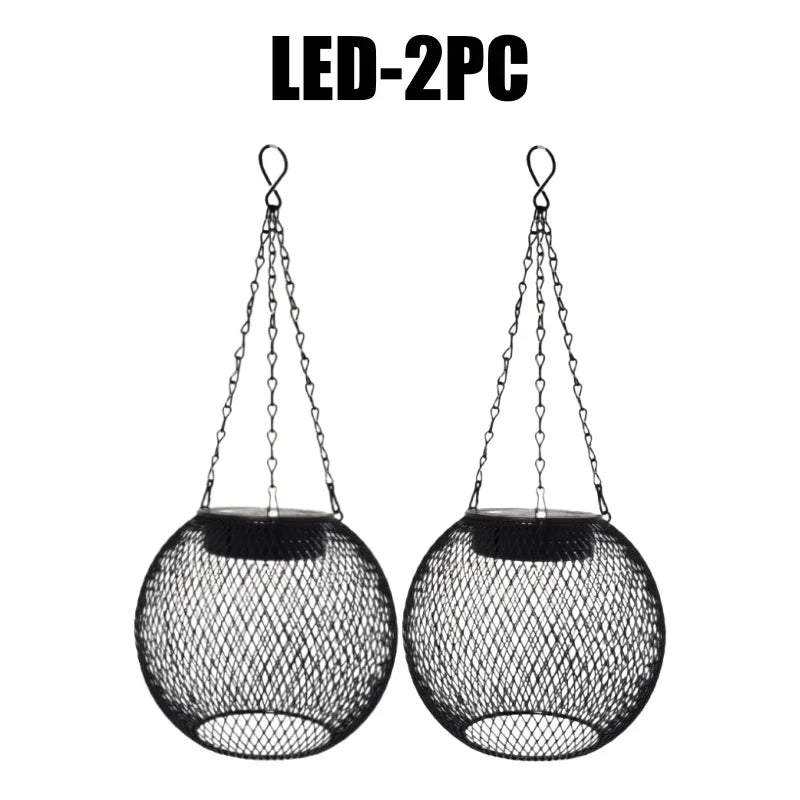 Solar Powered Thickened Wrought Iron Rustic Lattice Mesh Pendant Light Outdoor Garden Backyard Dimmable LED Hanging Decor Lamp