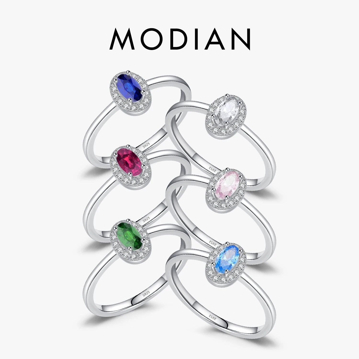 MODIAN Real 925 Sterling Silver Classic Elegant Oval Rainbow Colorful Zirconia Ring For Women Wedding Engagement Fine Jewelry