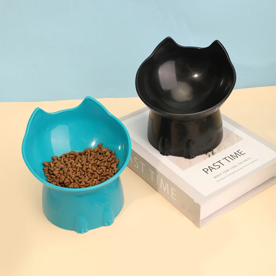 1pc Cat Neck Protection Food Ware Elevated Cat Bowl Anti-Tip Plastic Raised Pet Feeding Dish with Tilted Edge