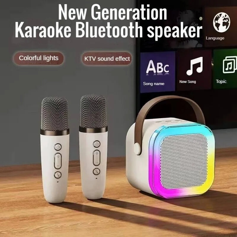 Bluetooth Audio Mini Karaoke Machine K12 with 1/2 Wireless Microphones Portable Bluetooth Speaker Fun Toys RGB Light