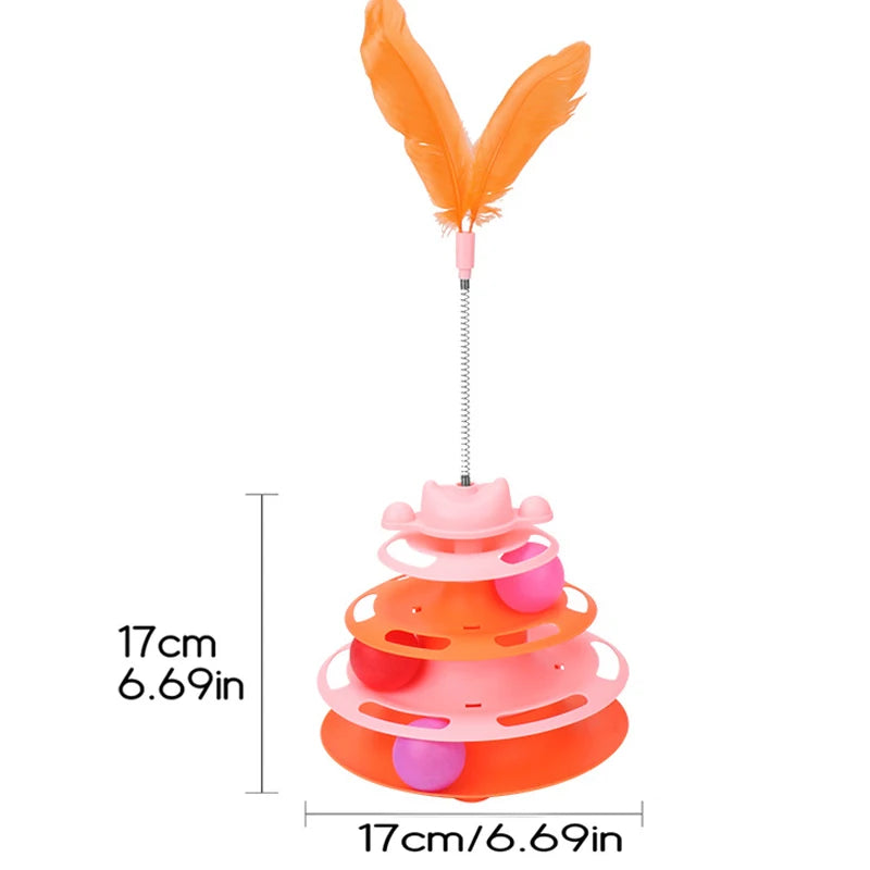 4-Layers Feather Cat Turntable with Fun Toy Ball and Playing Stick Interactive Cat Toy Tower Kitten Turntable Track Roller Balls