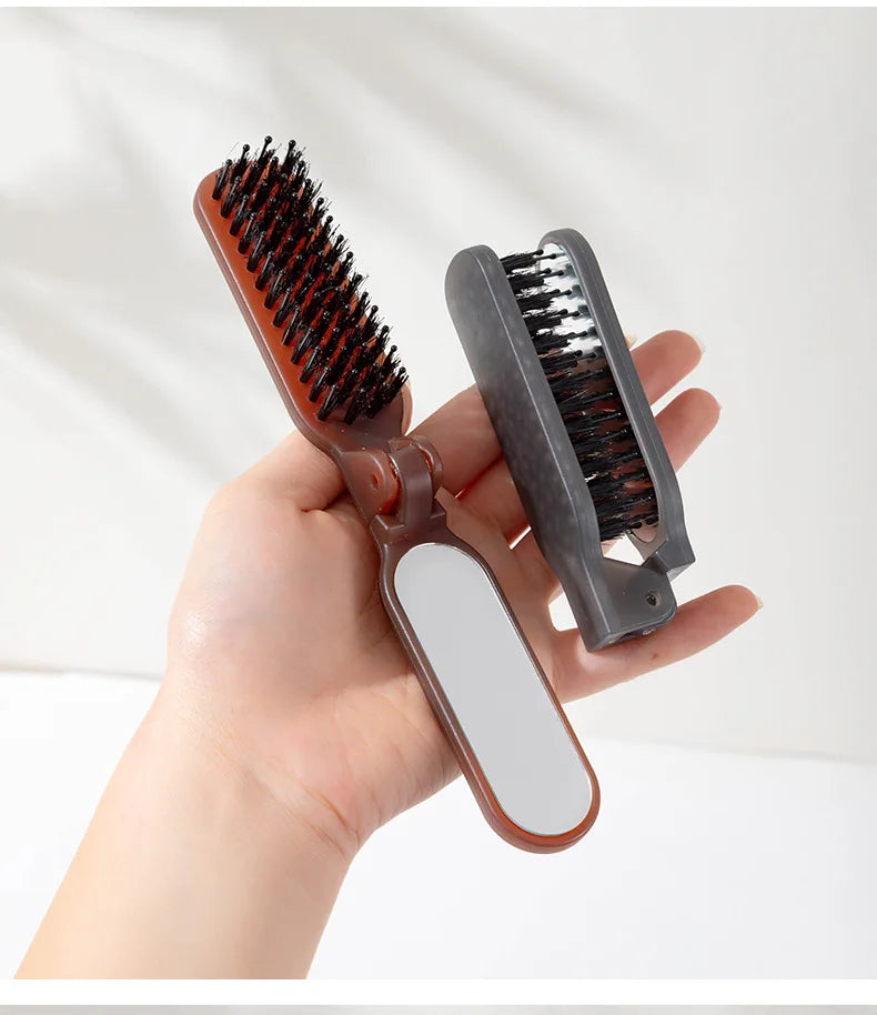 1Pc Boar Bristle Massage Hair Comb Anti Static with Makeup Mirror Folding Comb High Skull Integrated Styling Combs Supplies