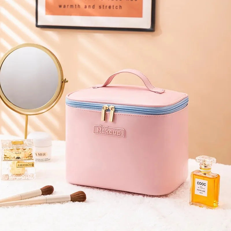 Large Capacity Waterproof Multifunctional Travel Cosmetic Bag Portable Makeup Storage Box PU Material Round Cylinder Shape