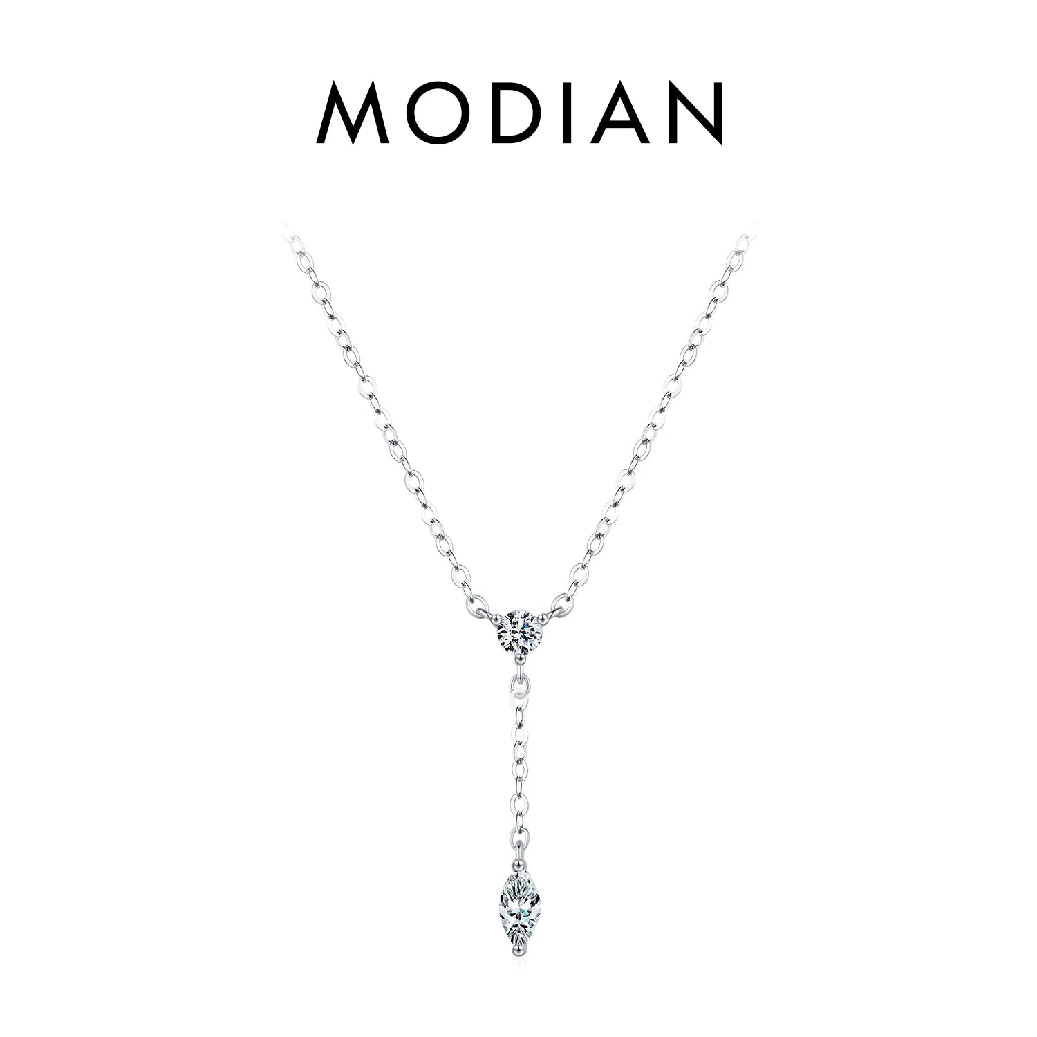 MODIAN 925 Sterling Silver Dainty Y Shape Round & Rhombic Fashion Pendant Necklace For Women Chain Necklace Trendy Jewelry Gift