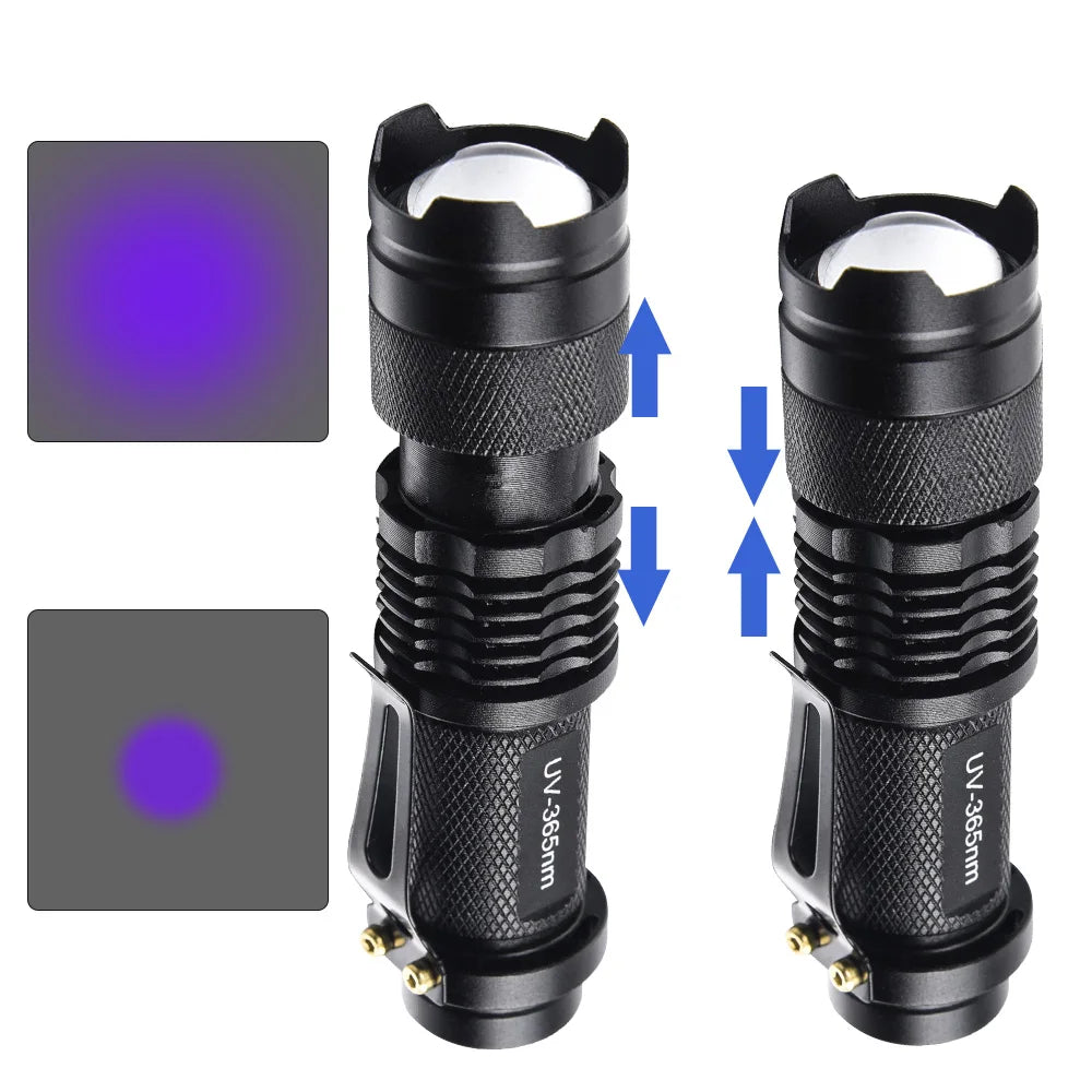 Mini LED UV Flashlight Zoomable 365nm 395nm Ultraviolet Lamp Portable Pocket Torch Money Scorpion Pet Urine Stain Detector Tools
