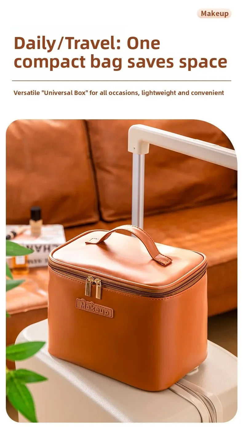 Large Capacity Waterproof Multifunctional Travel Cosmetic Bag Portable Makeup Storage Box PU Material Round Cylinder Shape