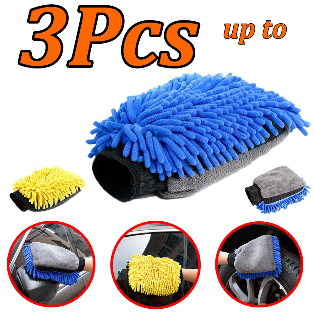 3-1Pcs Car Wash Gloves Microfiber Chenille Gloves Waterproof Car Cleaning Mitt Wax Detailing Brush Auto Care Double-faced Glove