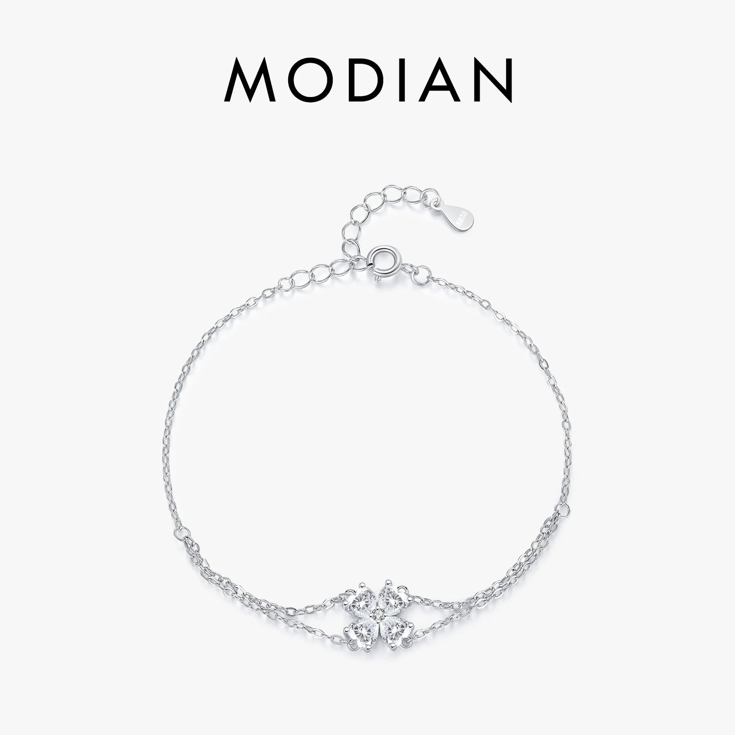 MODIAN 925 Sterling Silver Double Layer Flowers Hearts CZ Romantic Bracelet Luxury Adjustable Chain Link for Women Jewelry