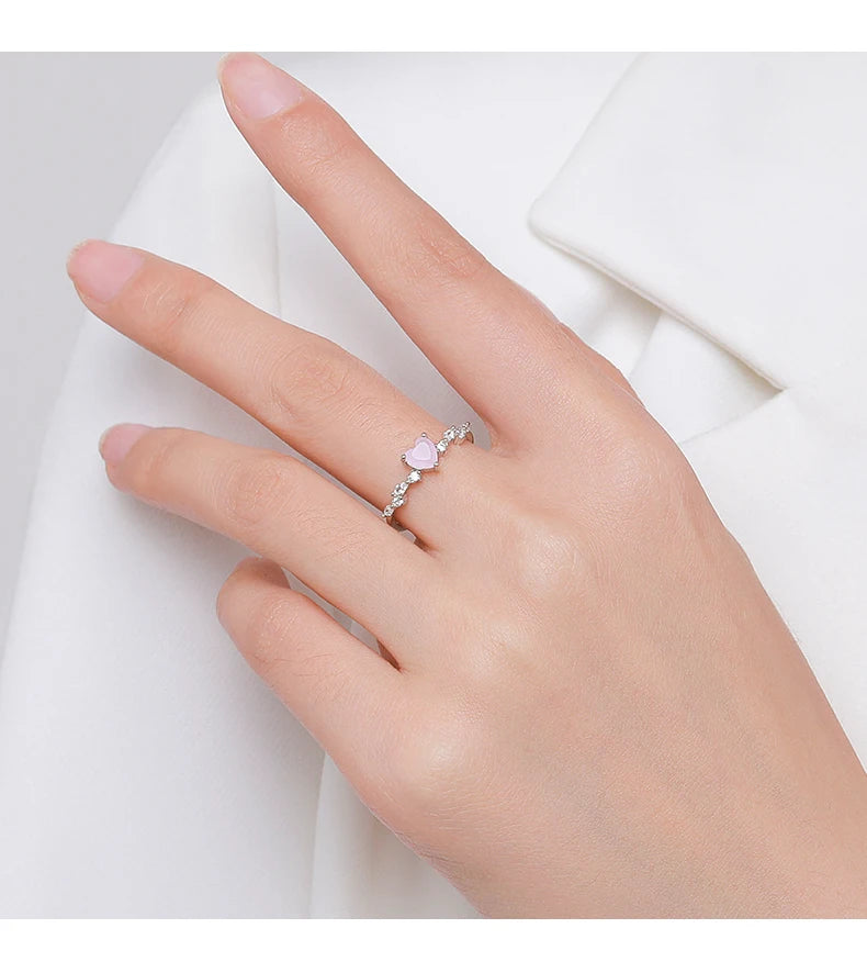 MODIAN 925 Sterling Silver Elegant Pink Crystal Heart Finger Rings For Women Birthday Romantic Gift Fine Jewelry Accessories