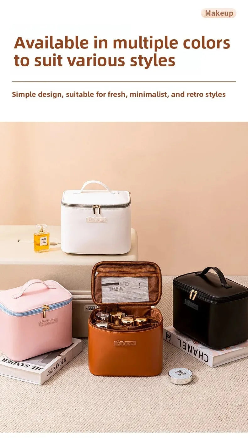 Large Capacity Waterproof Multifunctional Travel Cosmetic Bag Portable Makeup Storage Box PU Material Round Cylinder Shape