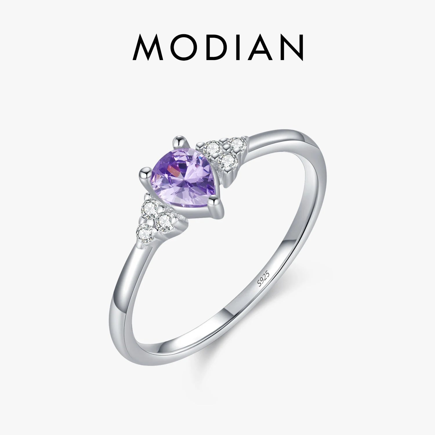 MODIAN 925 Sterling Silver Water Drop Cocktail Ring Classic Prong Purple Cubic Zirconia Rings For Women Female Fine Jewelry
