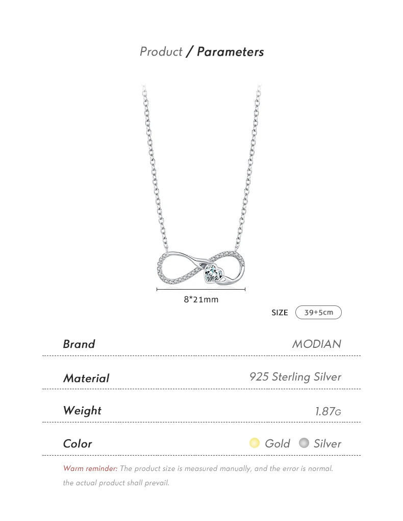 MODIAN 925 Sterling Silver Infinite Love Necklace Romantic Embrace Heart Pendant Link Chain For Women Anniversary Jewelry Gifts