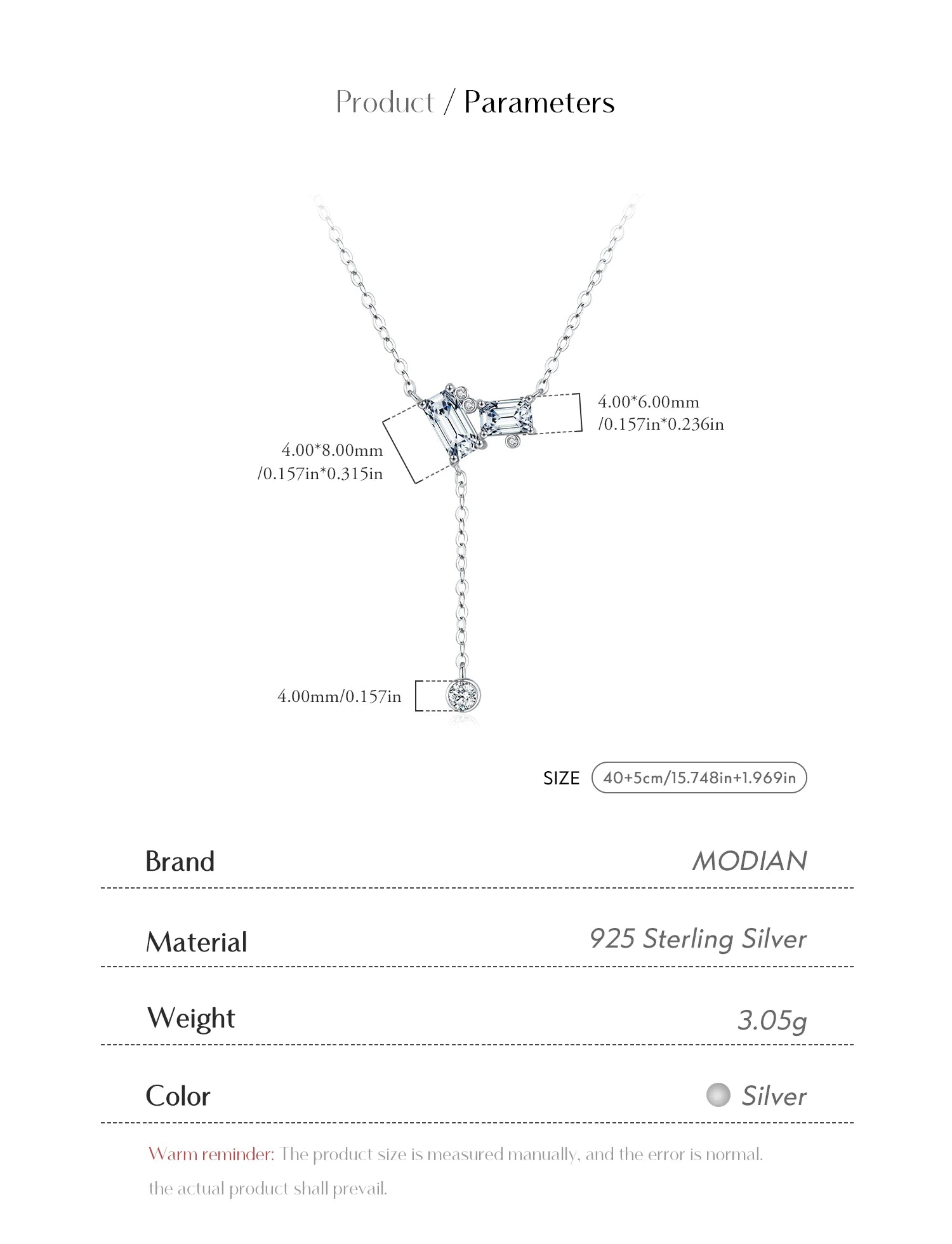 MODIAN 925 Sterling Silver Exquisite Rectangle Clear CZ Link Chain Lariat Y Shape Pendant Necklaces For Women Fine Jewelry