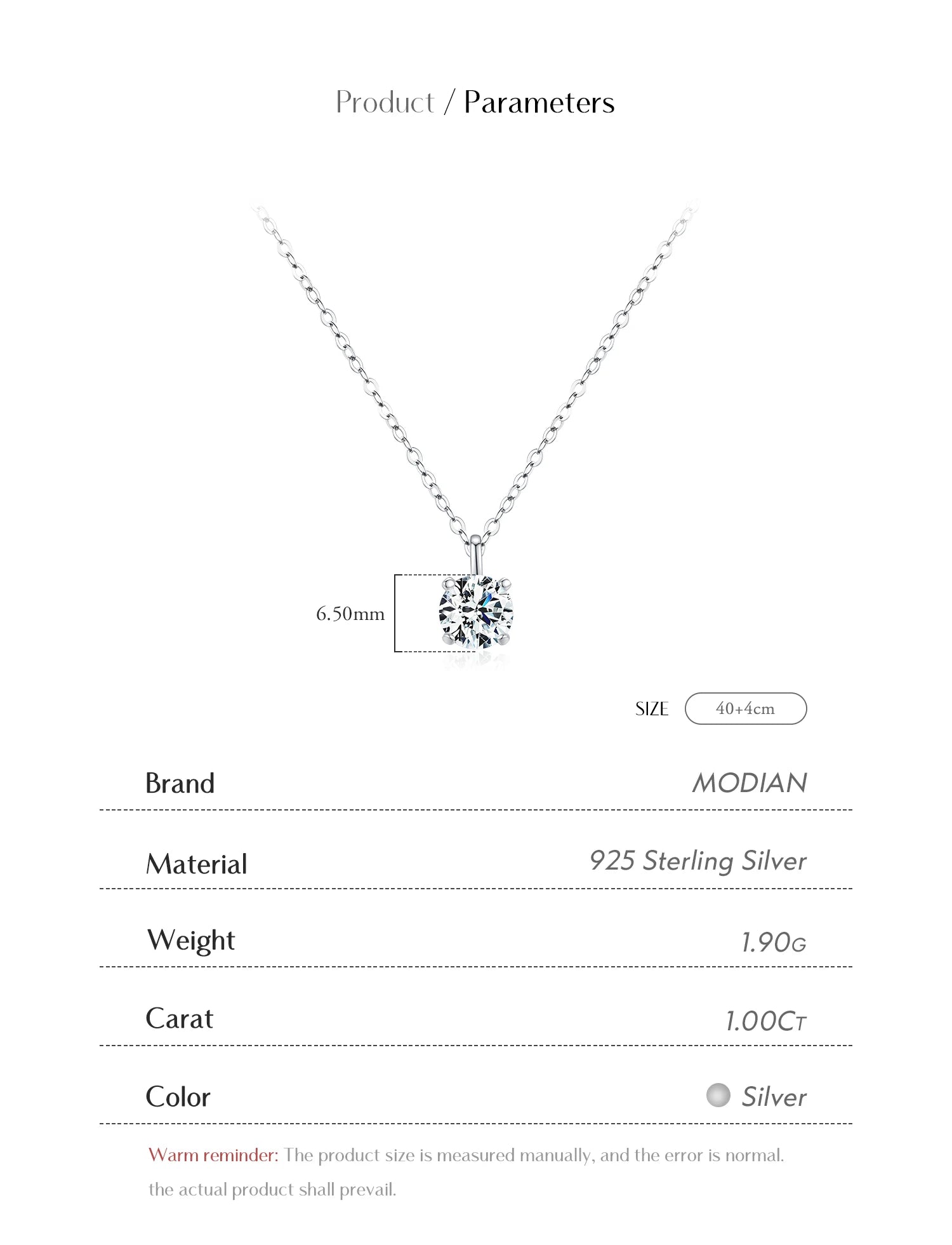 MODIAN 1CT Prong Setting Moissanite Necklace D color VVS1 Lab Diamond Pendant For Women 925 Sterling Silver Wedding Jewelry