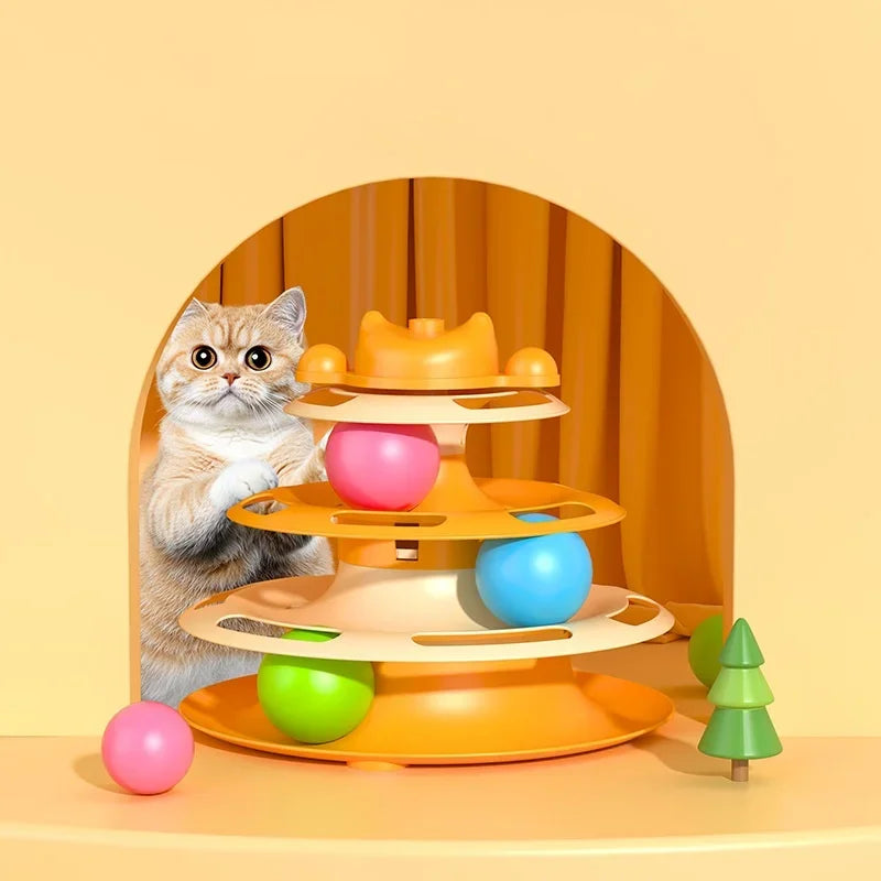 4-Layer 1pcs  Feather Cat Turntable With Fun Toy Ball And Playing Stick - Interactive Toy For Cats