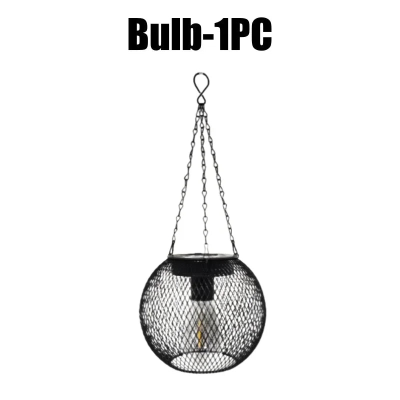 Solar Powered Thickened Wrought Iron Rustic Lattice Mesh Pendant Light Outdoor Garden Backyard Dimmable LED Hanging Decor Lamp