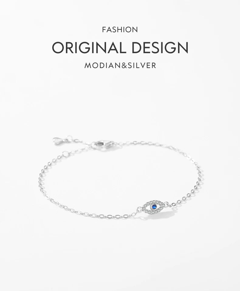 MODIAN 925 Sterling Silver Delicate Lucky Blue Eye Adjustable Bracelet Simple Chain Link For Women Pave Setting CZ Fine Jewelry