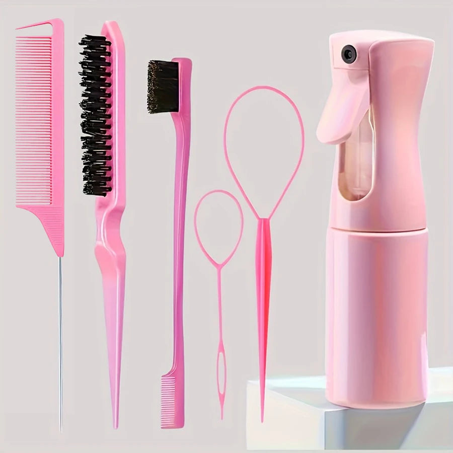 6pcs/Set Hair Brush Set Hairdressing Spray Bottle Hair Braiding Loop Rat Tail Comb Teasing Hair Brush Edge Control Hair Brush