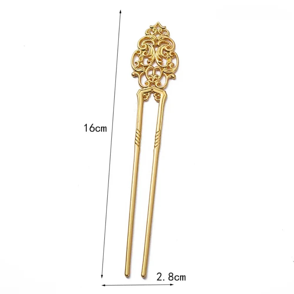 Chinese Ancient Style Straight Hairpin Twist Hairpins Versatile Electroplating U-shape Hairpin Creative Hollow Hair Accessories