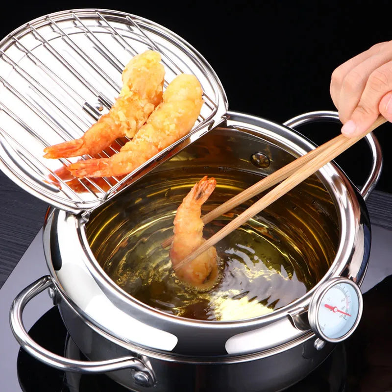 Japanese Deep Frying Pot with a Thermometer and a Lid 304 Stainless Steel Kitchen Tempura Fryer Pan
