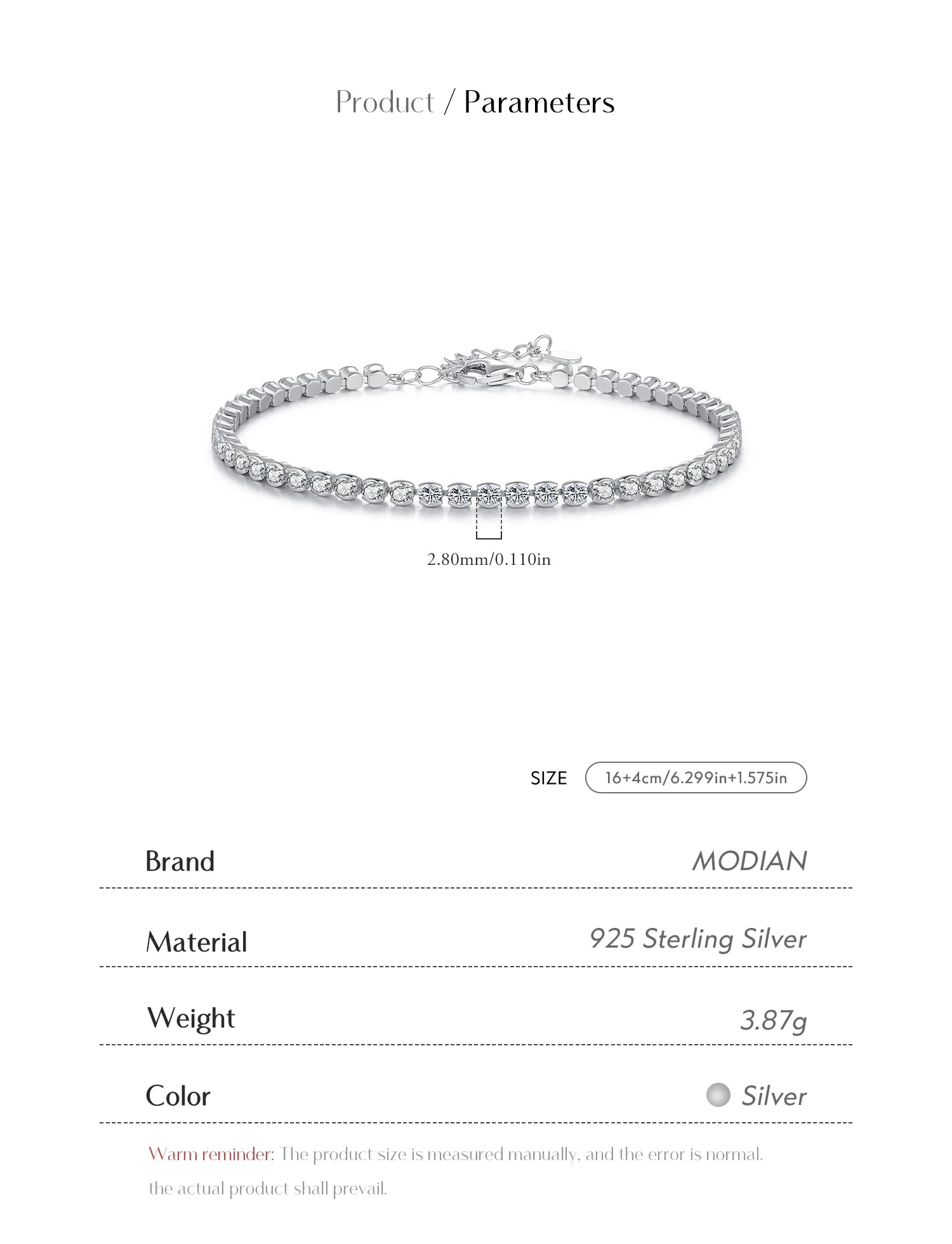 MODIAN 925 Sterling Silver Sparkling CZ Tennis Bracelet Round Zirconia Platinum Plated Bracelet For Women Fine Jewelry Gift