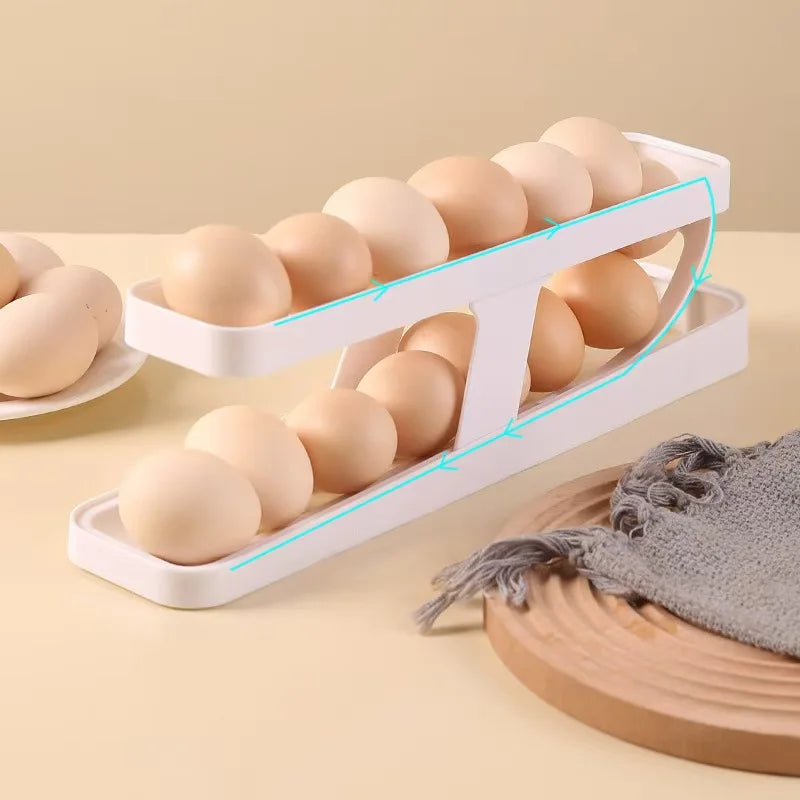 Egg Holder Dispenser for Refrigerator New Automatic Rolling Double-layer Egg Dispenser Holds 15 Eggs Space-Saving Egg Storage