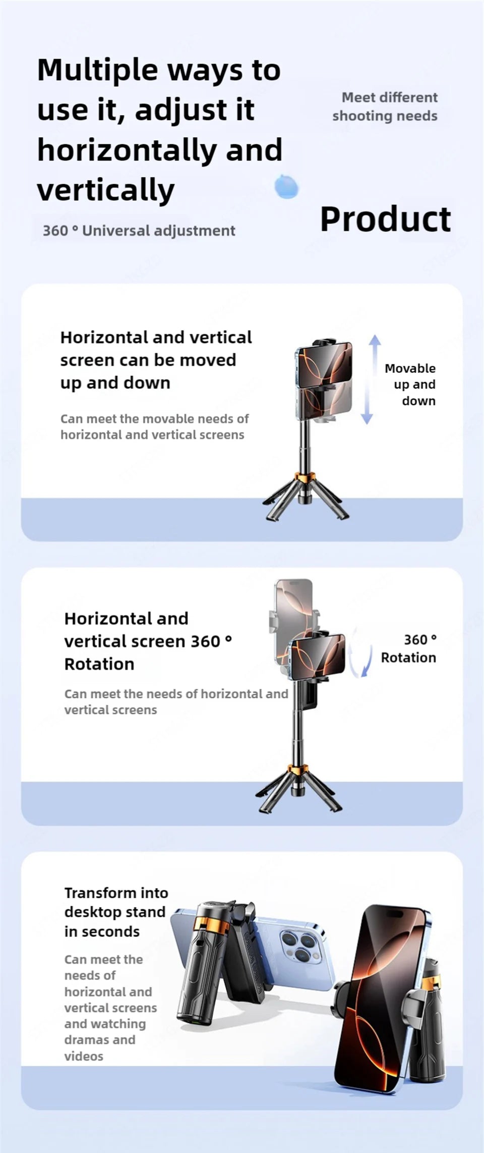 360 Degree Rotation Selfie Stick Scalable Portable Mobile Phone Camera Stand Bluetooth Height Adjustable Flat-standing Quadripod