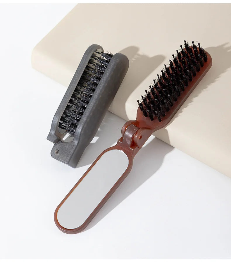 1Pc Boar Bristle Massage Hair Comb Anti Static with Makeup Mirror Folding Comb High Skull Integrated Styling Combs Supplies