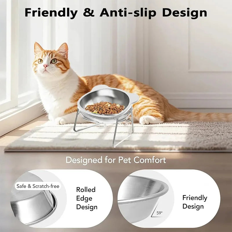 15 Degree Inclined Stainless Steel Cat Bowl Detachable Anti Overturning Elevated Cat Water Bowl Neck Protection Anti-flip