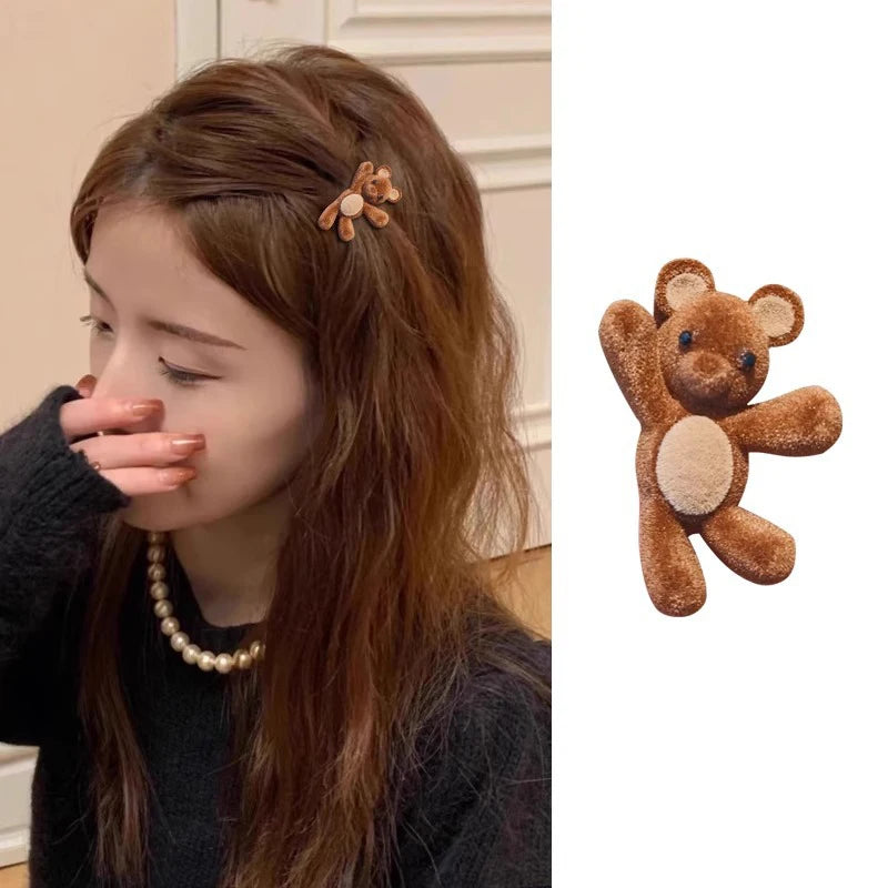Cute Flocking Cartoon Bear Metal Hairpin For Women Girls Sweet Hair Ornament Side Hair Clip Barrette Fashion Hair Accessories.