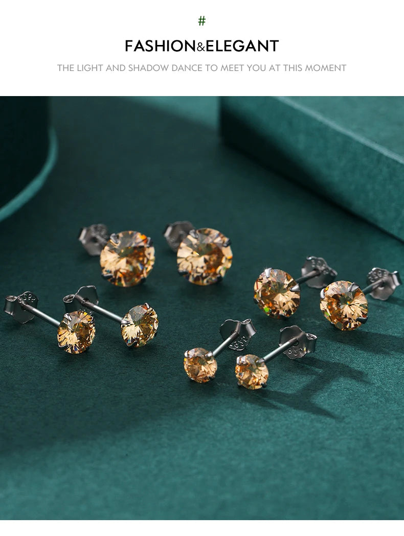 Modian Champagne Zirconia Stud Earrings 925 Sterling Silver Round CZ Hypoallergenic 4MM 5MM 6MM 7MM Earrings For Women Jewelry