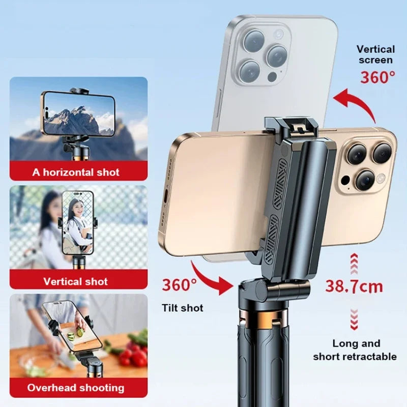360 Degree Rotation Selfie Stick Scalable Portable Mobile Phone Camera Stand Bluetooth Height Adjustable Flat-standing Quadripod