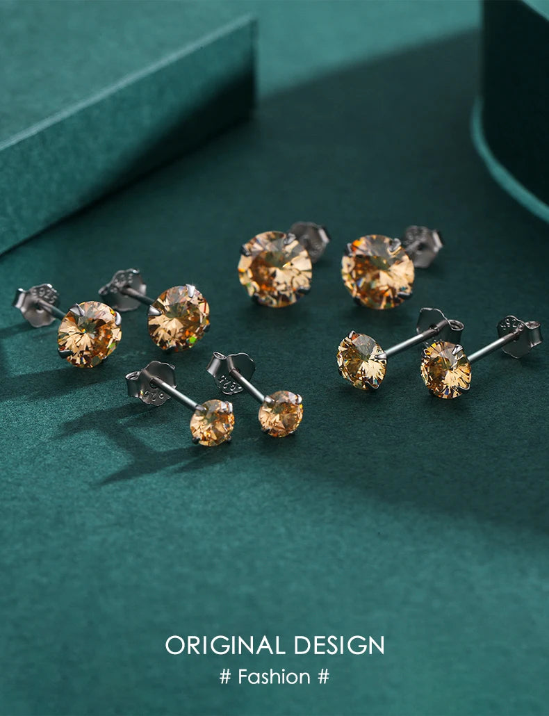 Modian Champagne Zirconia Stud Earrings 925 Sterling Silver Round CZ Hypoallergenic 4MM 5MM 6MM 7MM Earrings For Women Jewelry