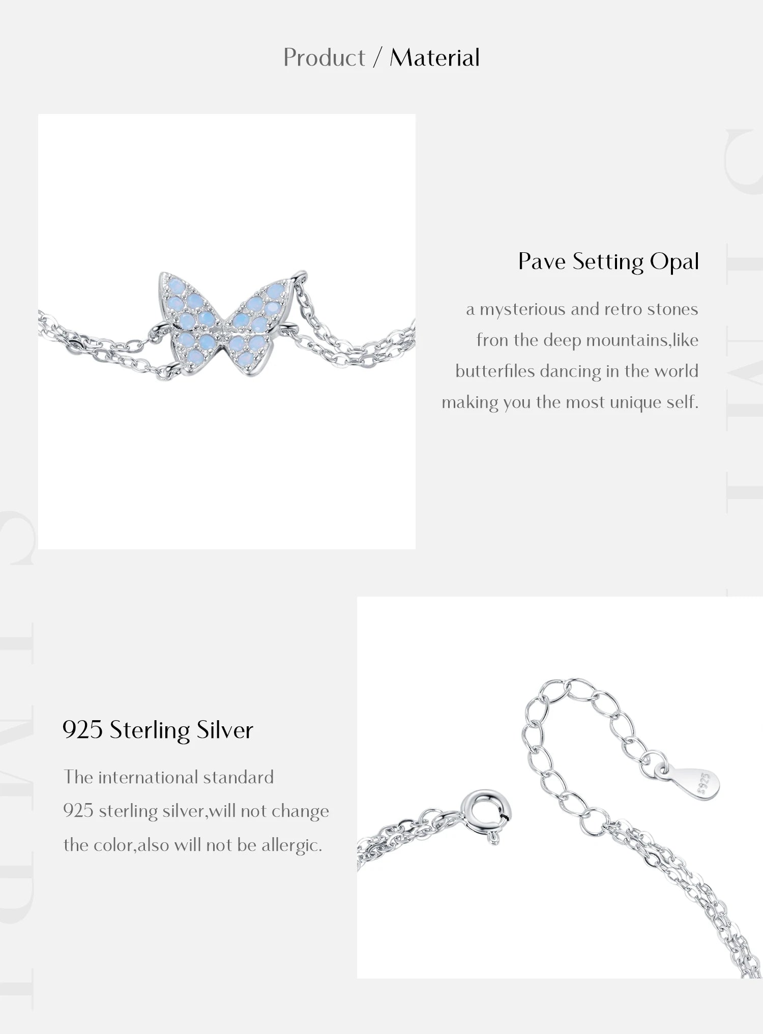 MODIAN Sweet Blue Opal Butterfly Bracelet 925 Sterling Silver Fashion Double Layer Link Chain Bracelets For Women Fine Jewelry