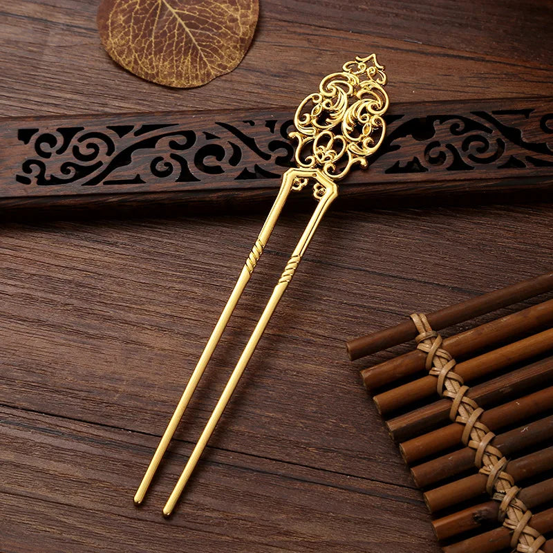 Chinese Ancient Style Straight Hairpin Twist Hairpins Versatile Electroplating U-shape Hairpin Creative Hollow Hair Accessories